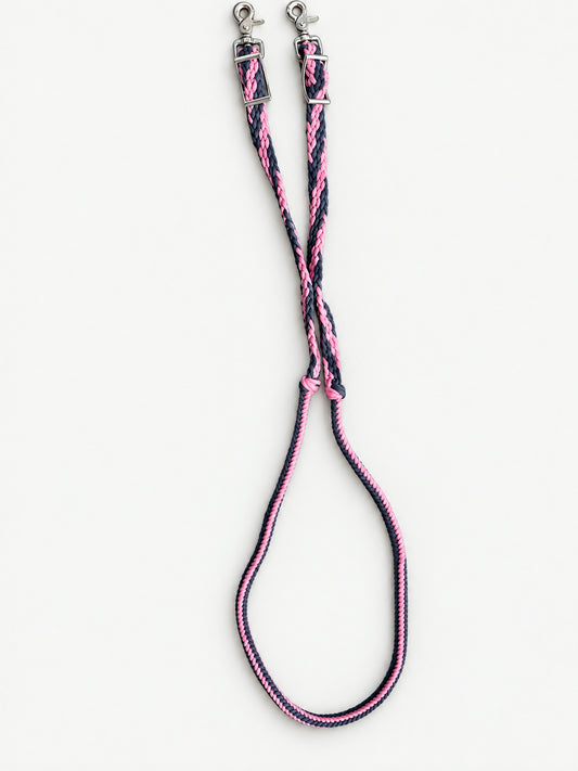 Pink & Navy handbraided barrel reins — full set