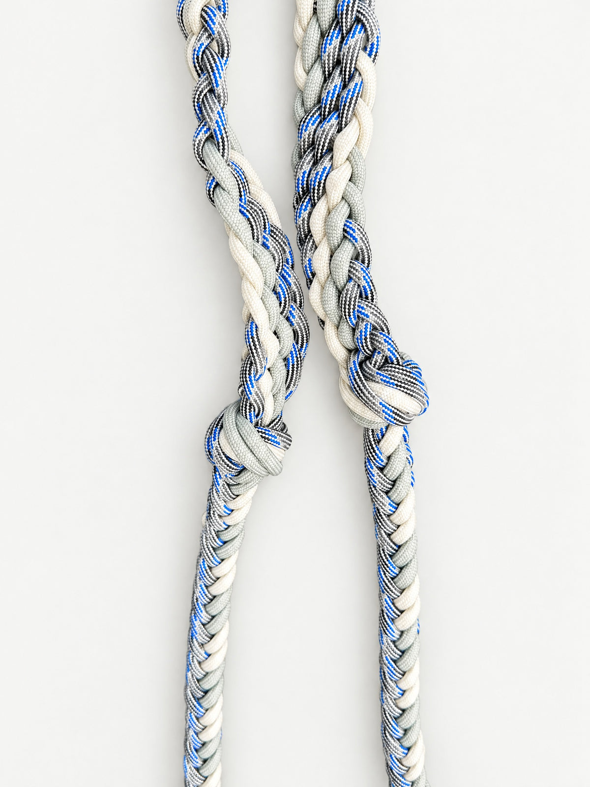 White, Grey & Blue handbraided barrel reins — braid detail