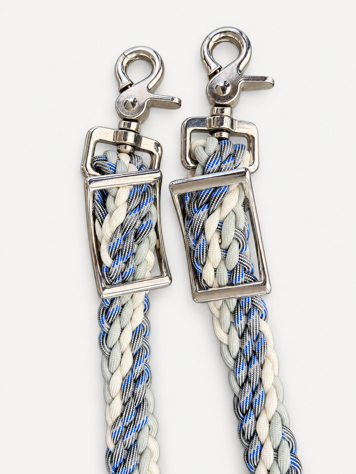 White, Grey & Blue handbraided barrel reins — attachment fittings