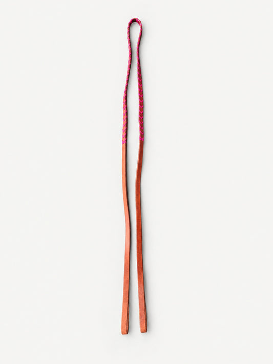 Natural Tan & Hot Pink laced leather barrel reins — full set