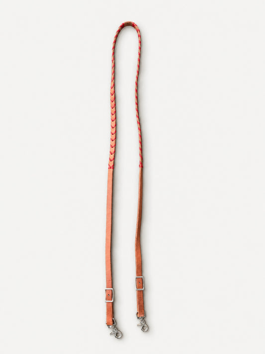 Natural Tan & Red laced leather barrel reins — full set