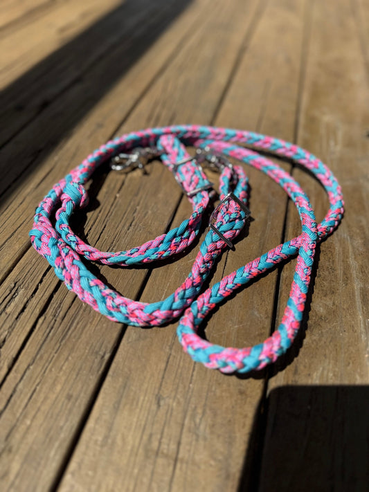 Pink & Neon Turquoise Roping Reins – 6ft–8ft Lightweight Braided Nylon by bar3H Equine – Custom Western Tack Australia