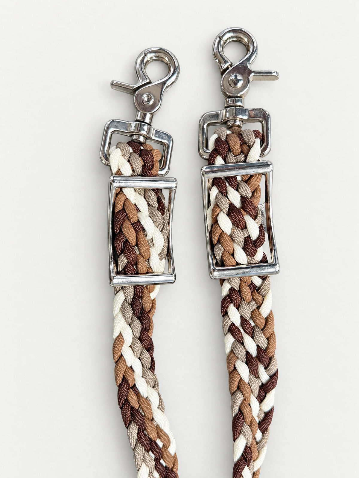Brown, Tan & Cream pony barrel reins — attachment fittings