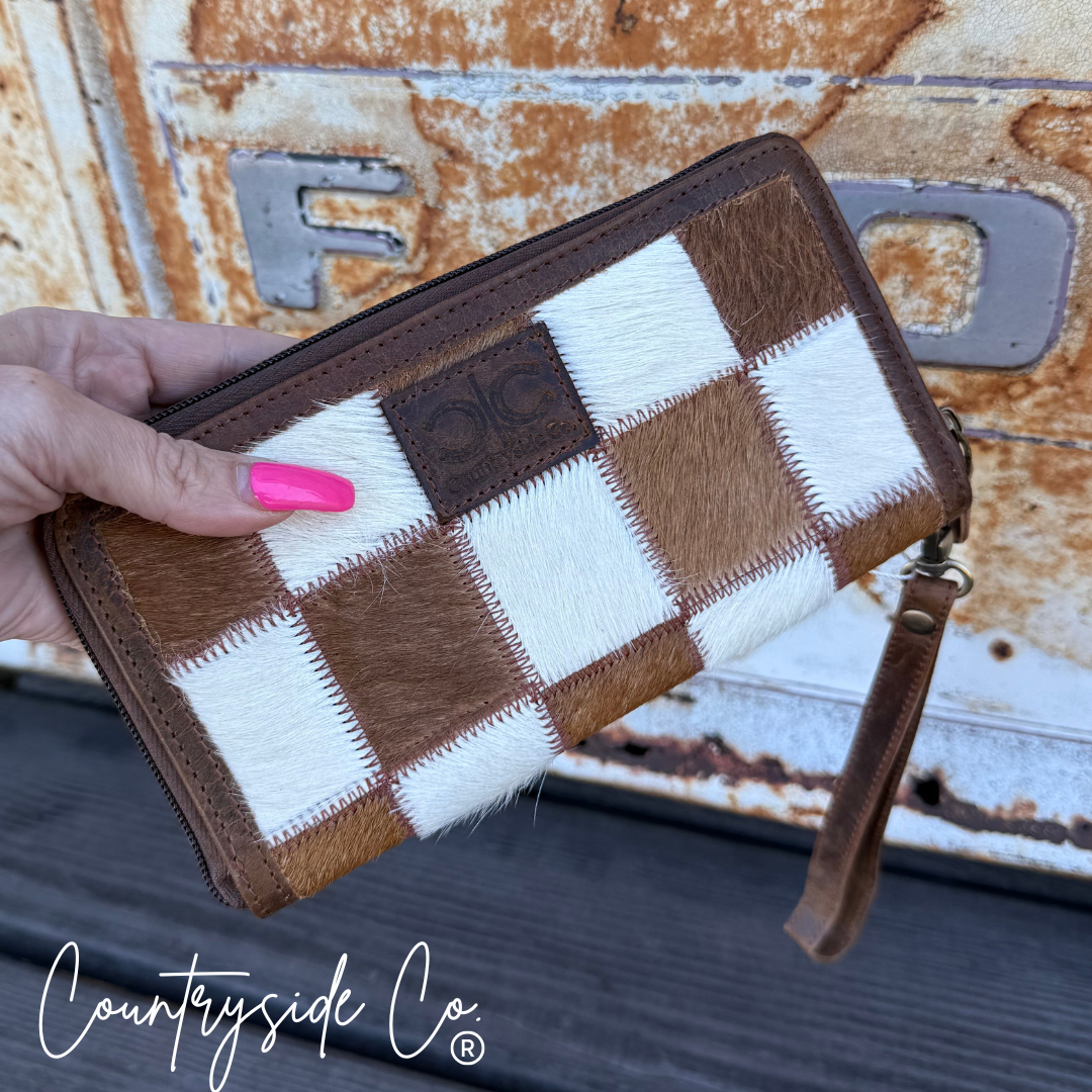 Checkered cowhide zip wallet with wristlet