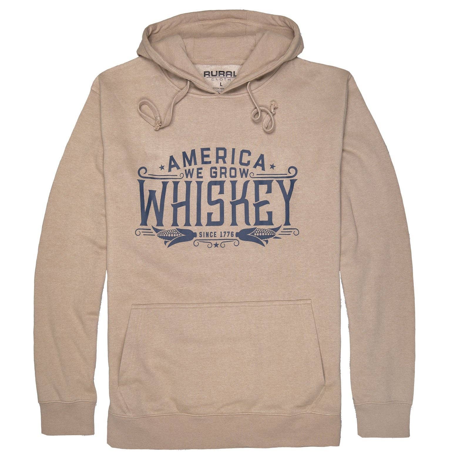Tan We Grow Whiskey pullover hoodie with front with blue graphic
