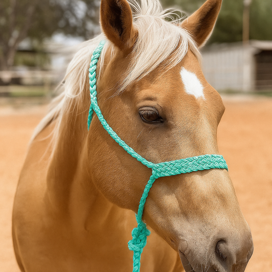 Horse with a turquoise mule tape halter in an outdoor setting