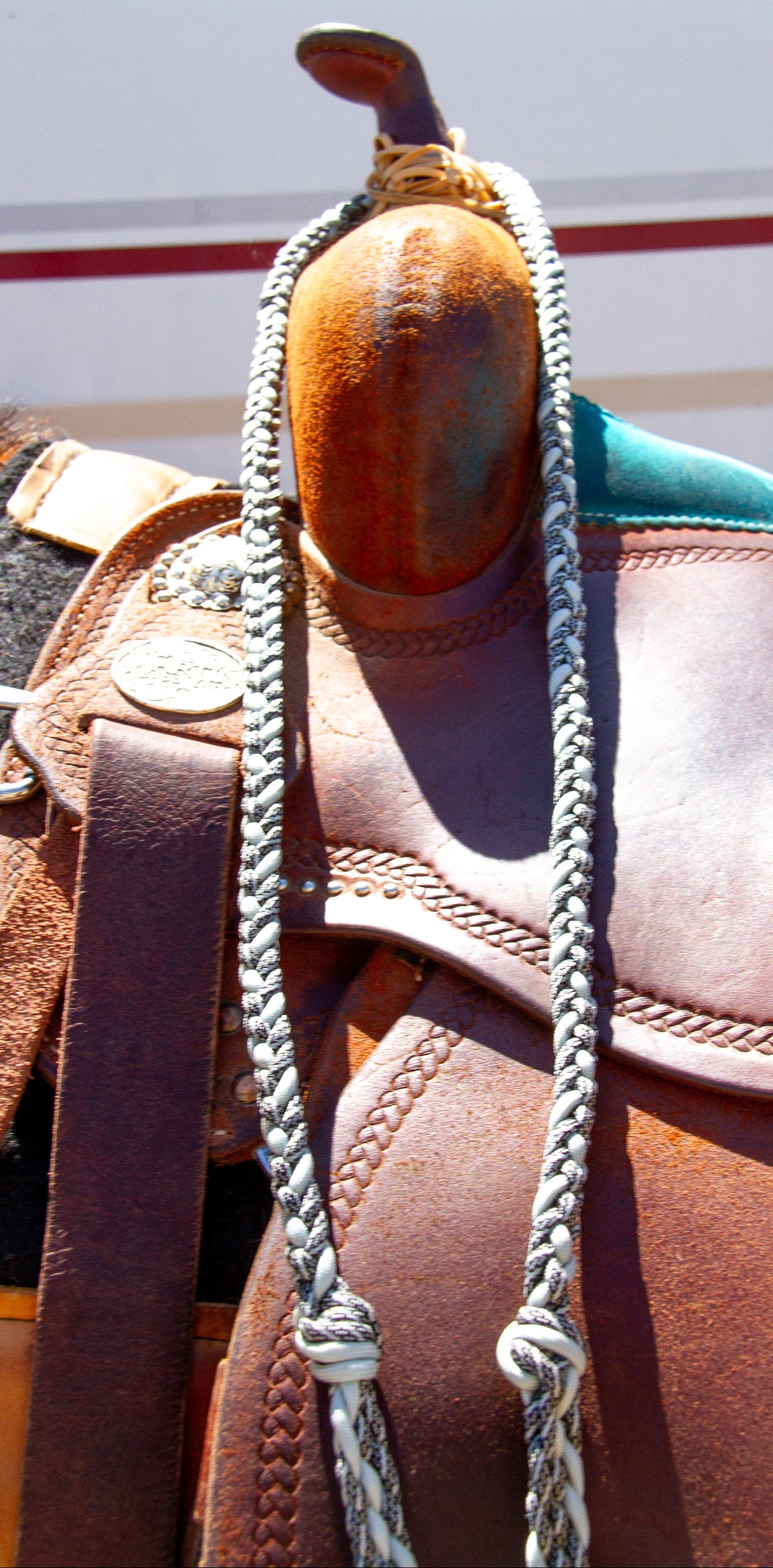 Close-up of a brown leather saddle with black and silver reins on a striped background