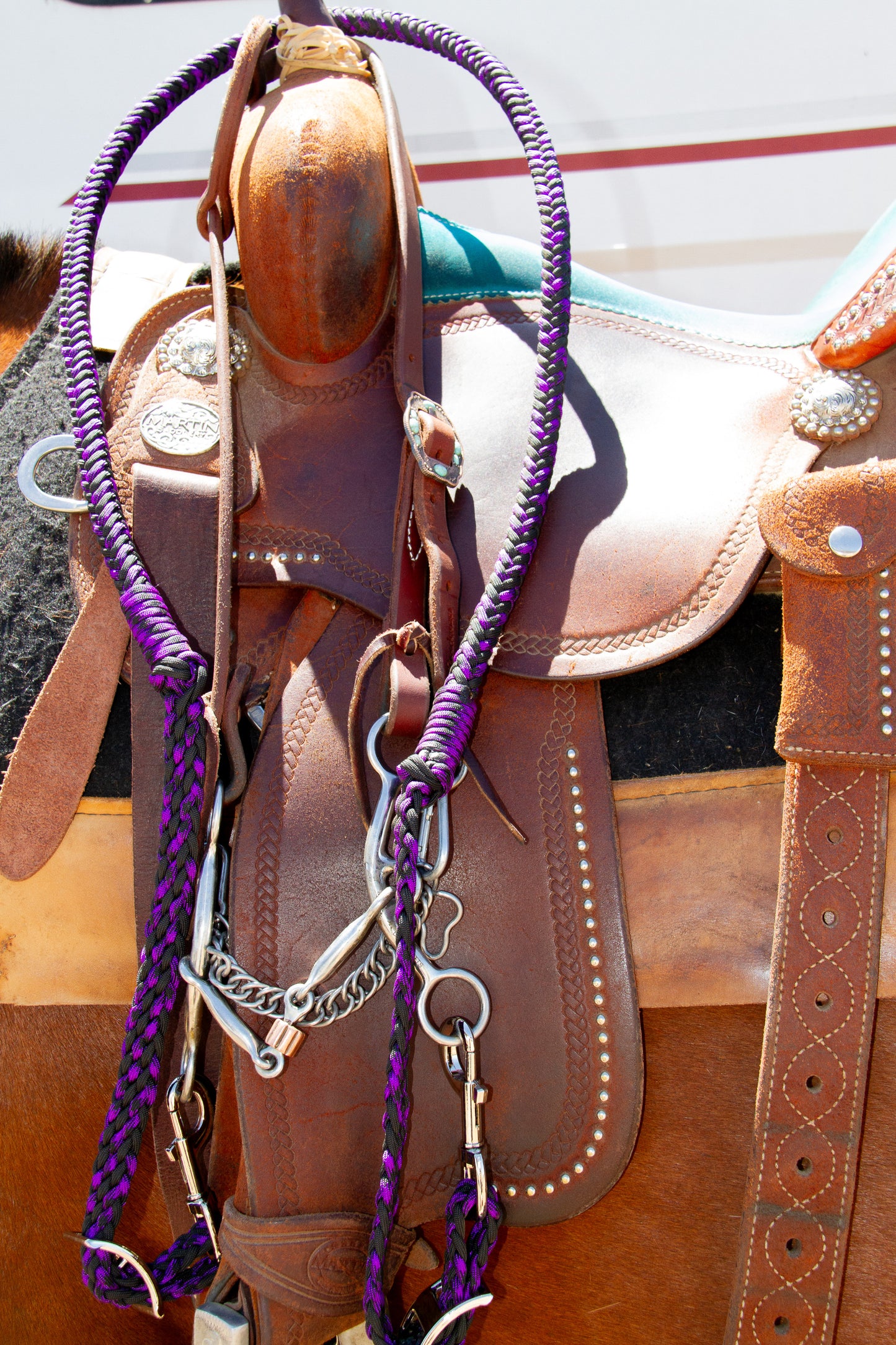 Brown leather saddle with purple and black stabliser reins on a horse.