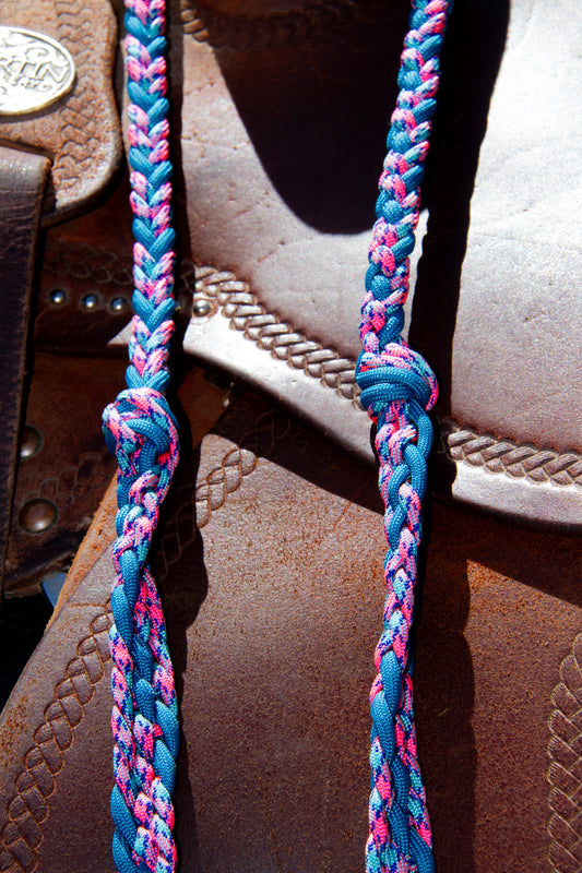 Close-up of a braided blue and pink rein on a horse bridle.