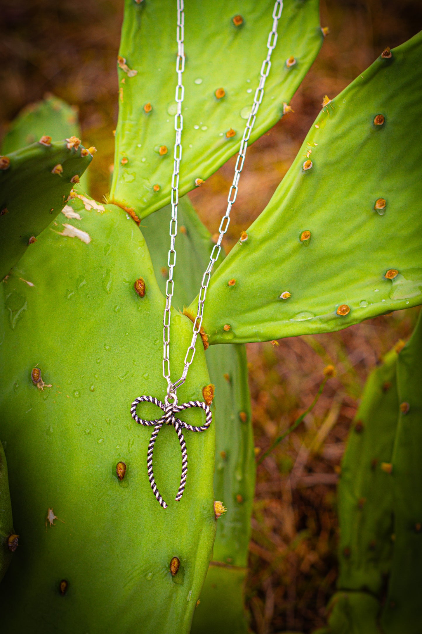Necklace with a bow pendant on a cactus leaf
