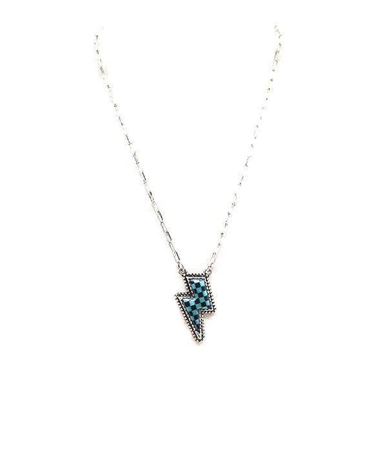 Black and turquoise Checkered lightning bolt necklace with western-style pendant design