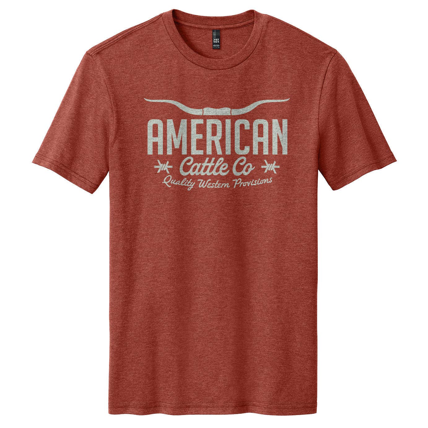 Red t-shirt with 'American Cattle Co' text on a white background