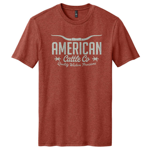 Red t-shirt with 'American Cattle Co' text on a white background