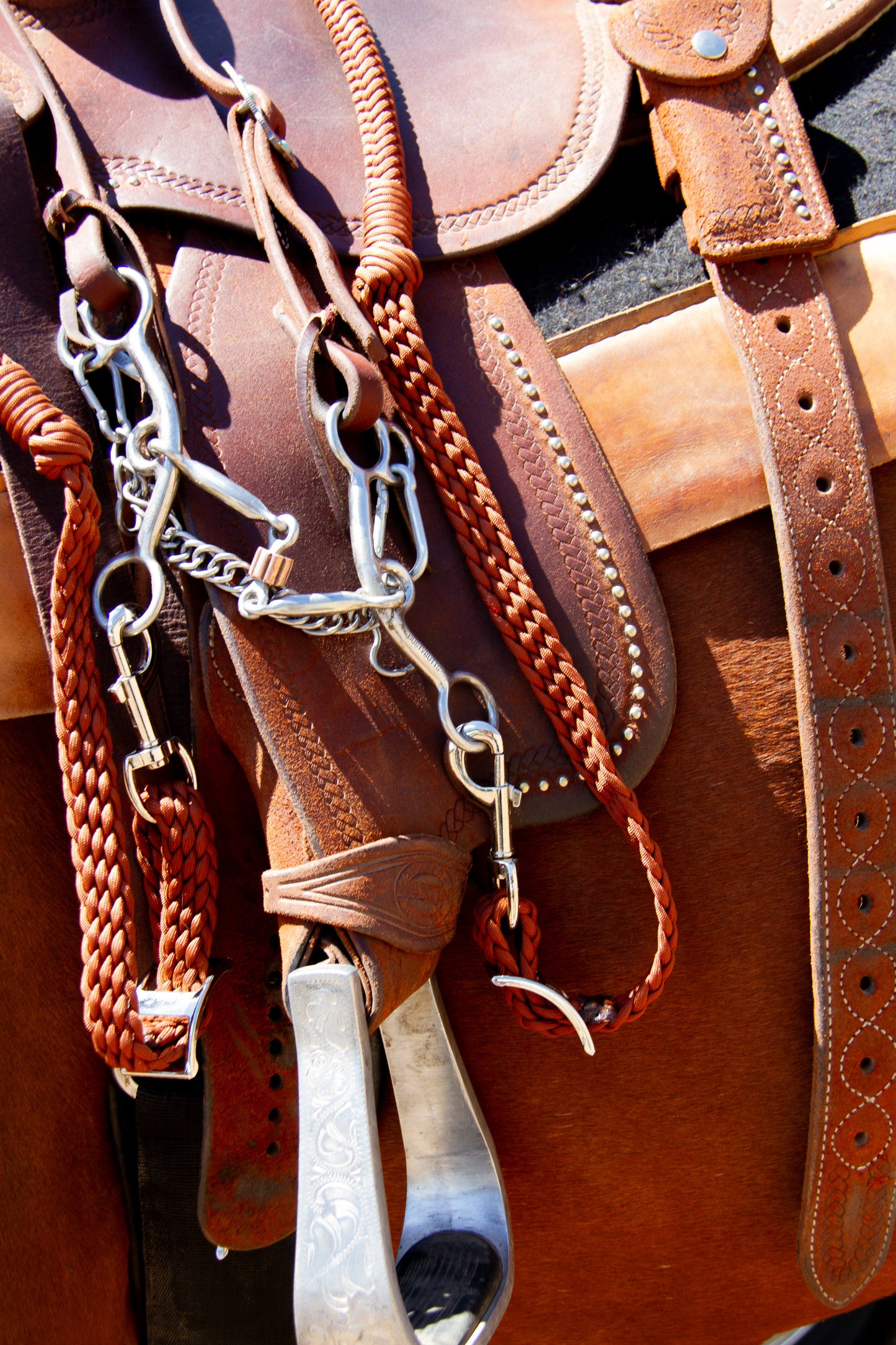 Close-up of a leather saddle with metal hardware and straps.