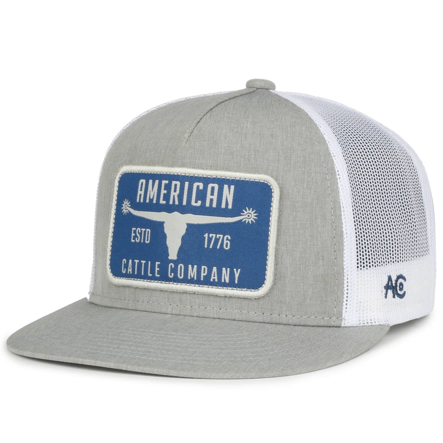 Gray and white cap with blue patch featuring 'American Cattle Company' on a white background