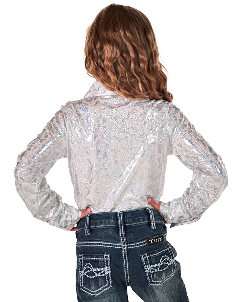 Cowgirl Tuff Youth Rodeo Shirt White & Silver Metallic shirt worn by girl with blue jeans 