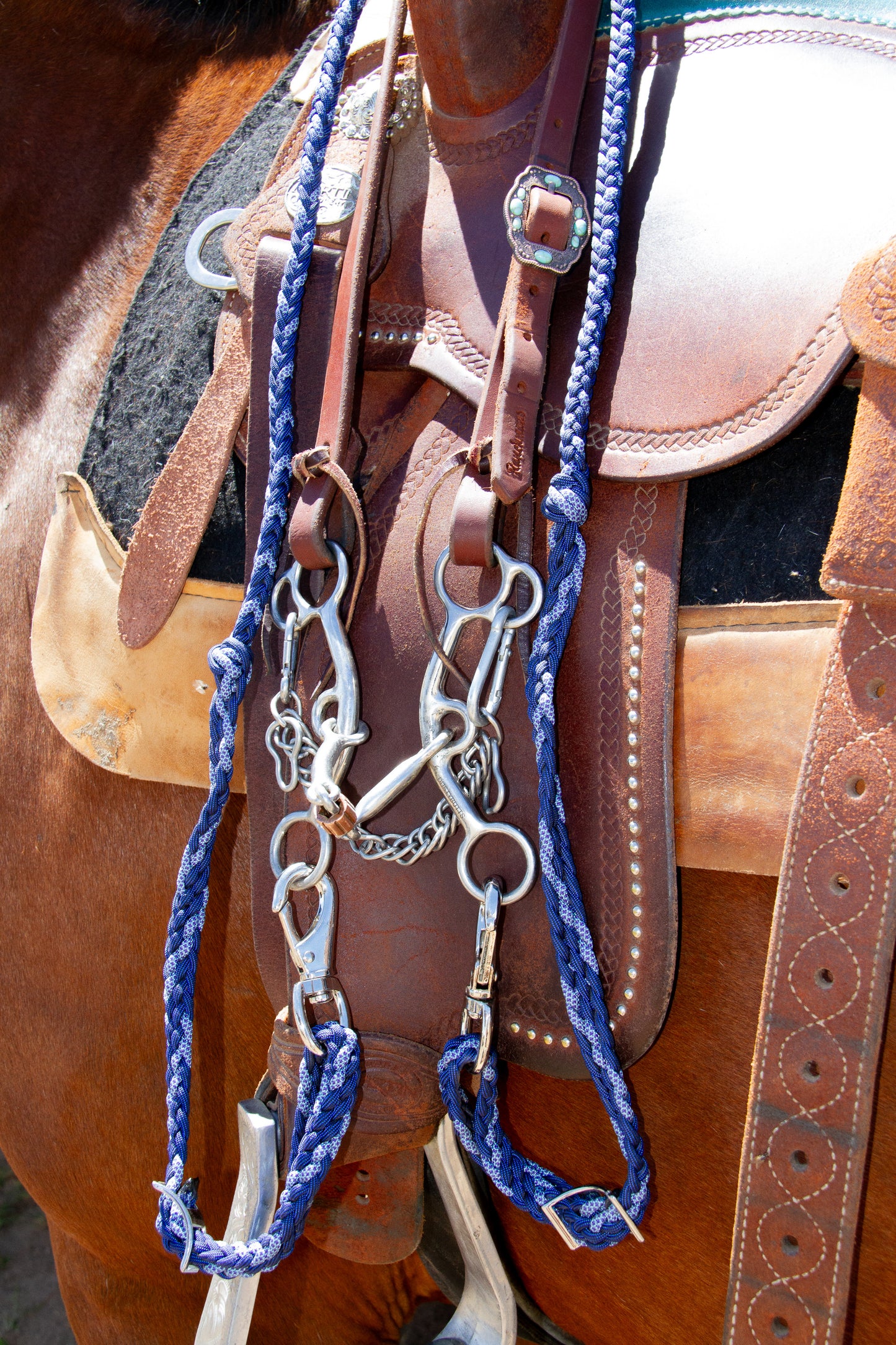Close-up of horse tack including a bridle, reins, and bit on a saddle.