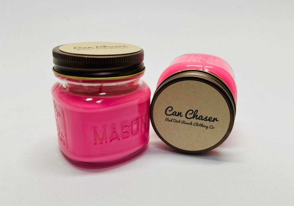 Pink candle in a mason jar with 'Can Chaser' branding on a white background