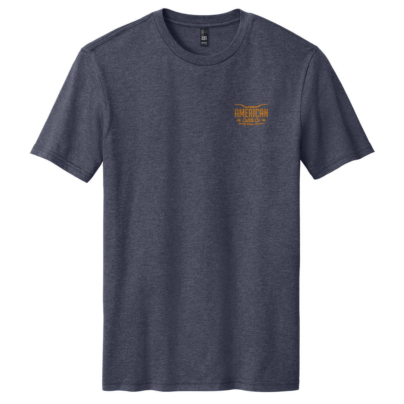 Red Label tee by American Cattle Co front view with left chest logo on heather navy shirt