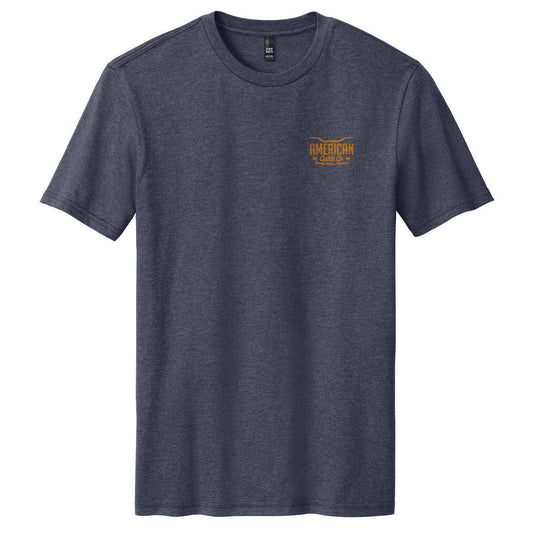 Red Label tee by American Cattle Co front view with left chest logo on heather navy shirt