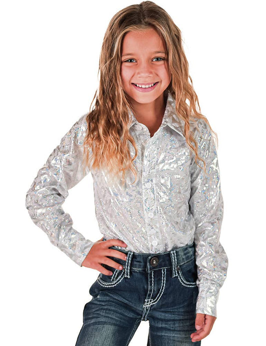 Cowgirl Tuff Youth Rodeo Shirt White & Silver Metallic shirt worn by girl with blue jeans 