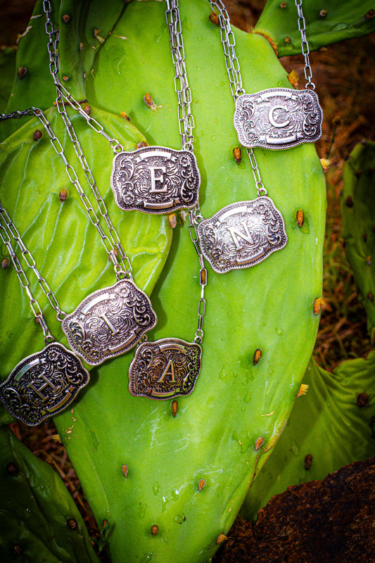 Initial Belt Buckle Necklace – Western Style Letter Pendant