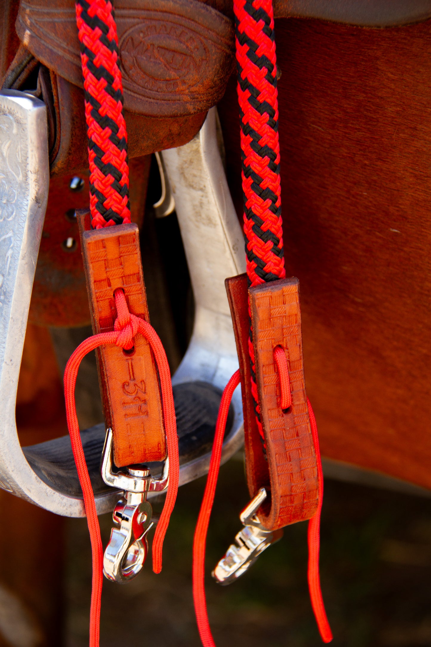 Close-up of a horse bridle with red reins and wooden bits on a blurred background.