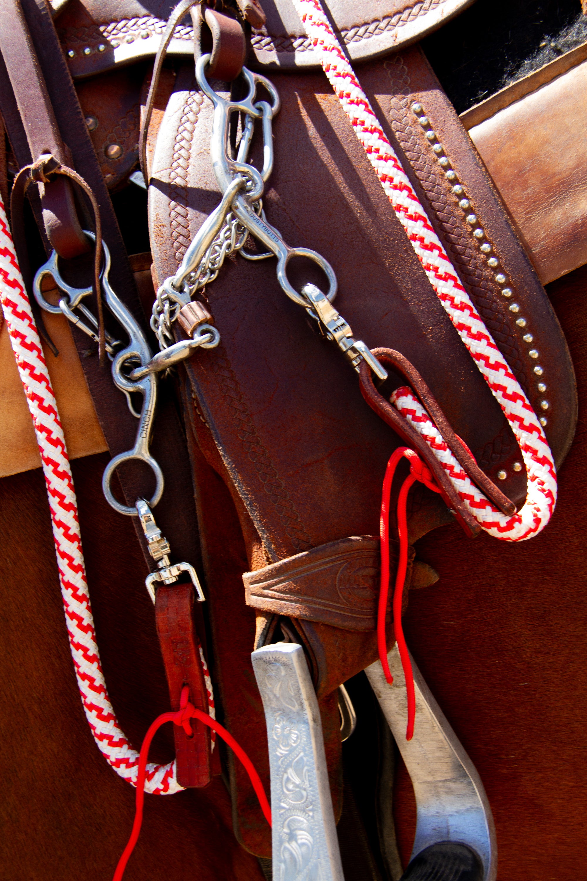 Red and White Rope Reins 6-7ft Nylon Barrel Reins - bar3H – bar3H Equine