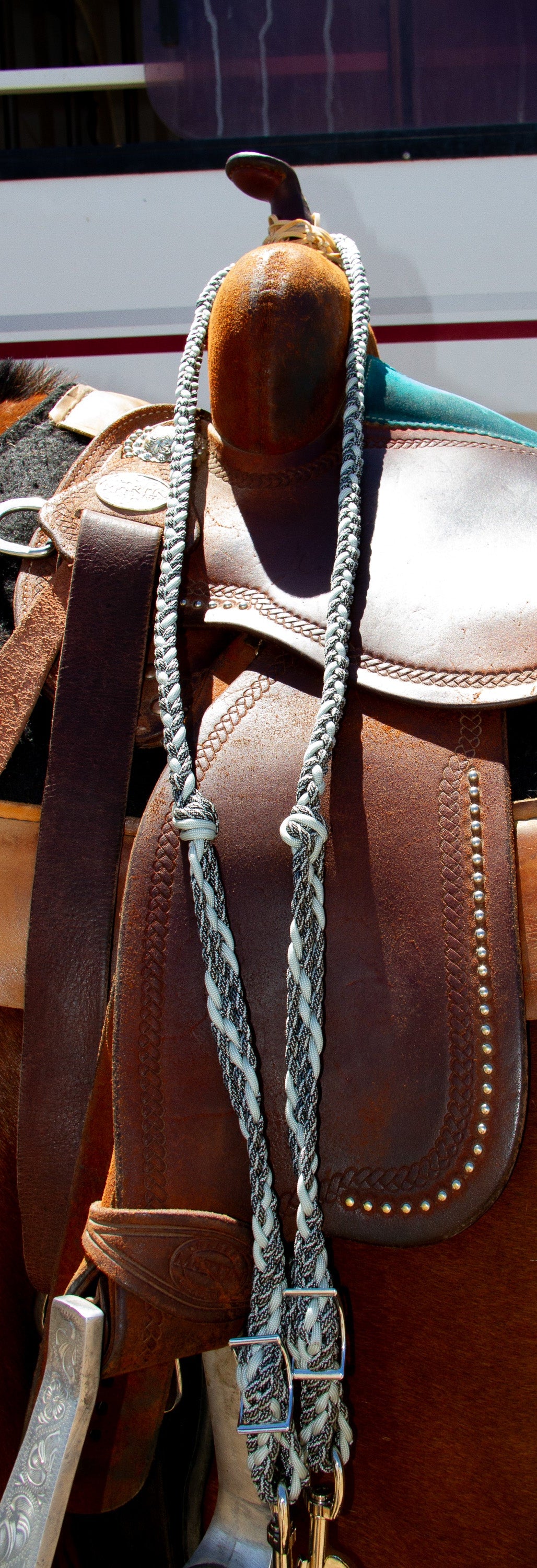 Brown leather saddle with braided silver and black reins on a horse, with a blurred vehicle in the background.