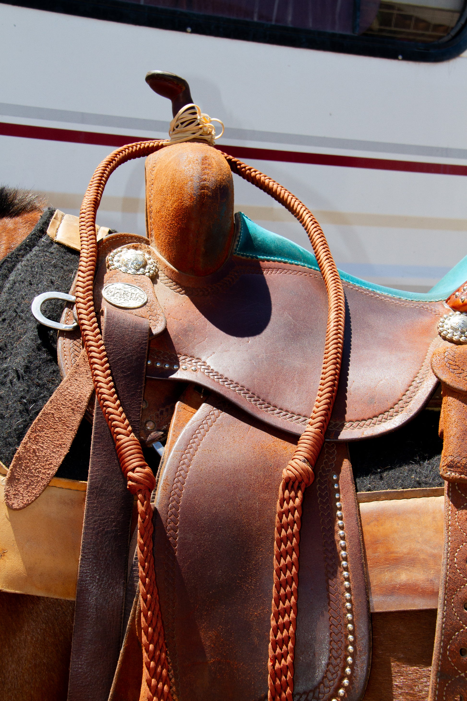 Close-up of a brown leather saddle with rust brown stabliser reins on a vehicle background