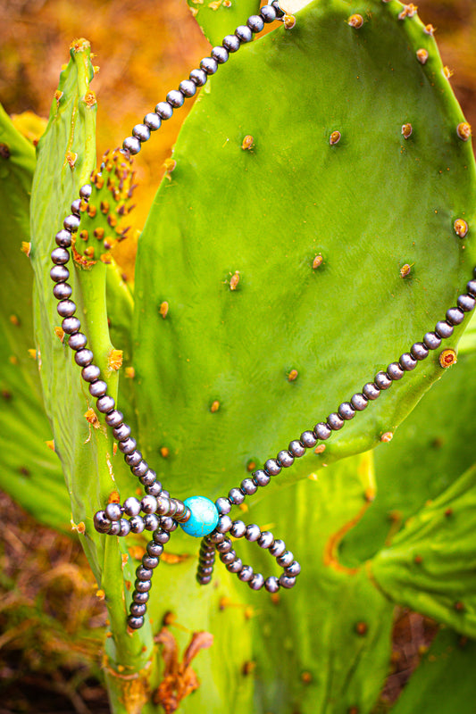 Silver pearl and turquoise bow necklace
