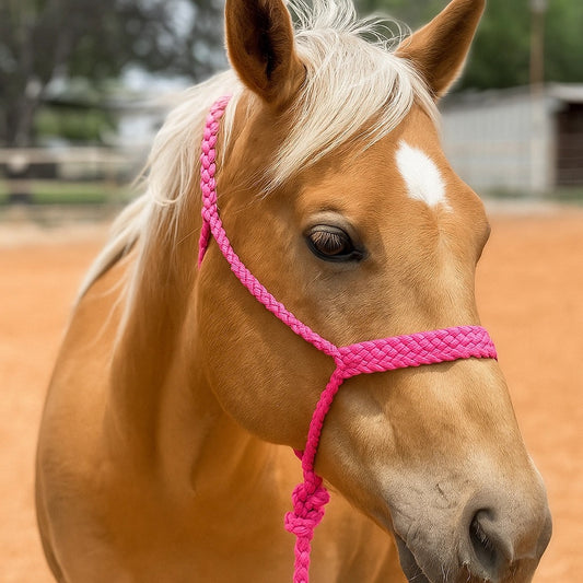 Pink braided mule tape rope halter on a palomino horse | bar3H Equine Australia