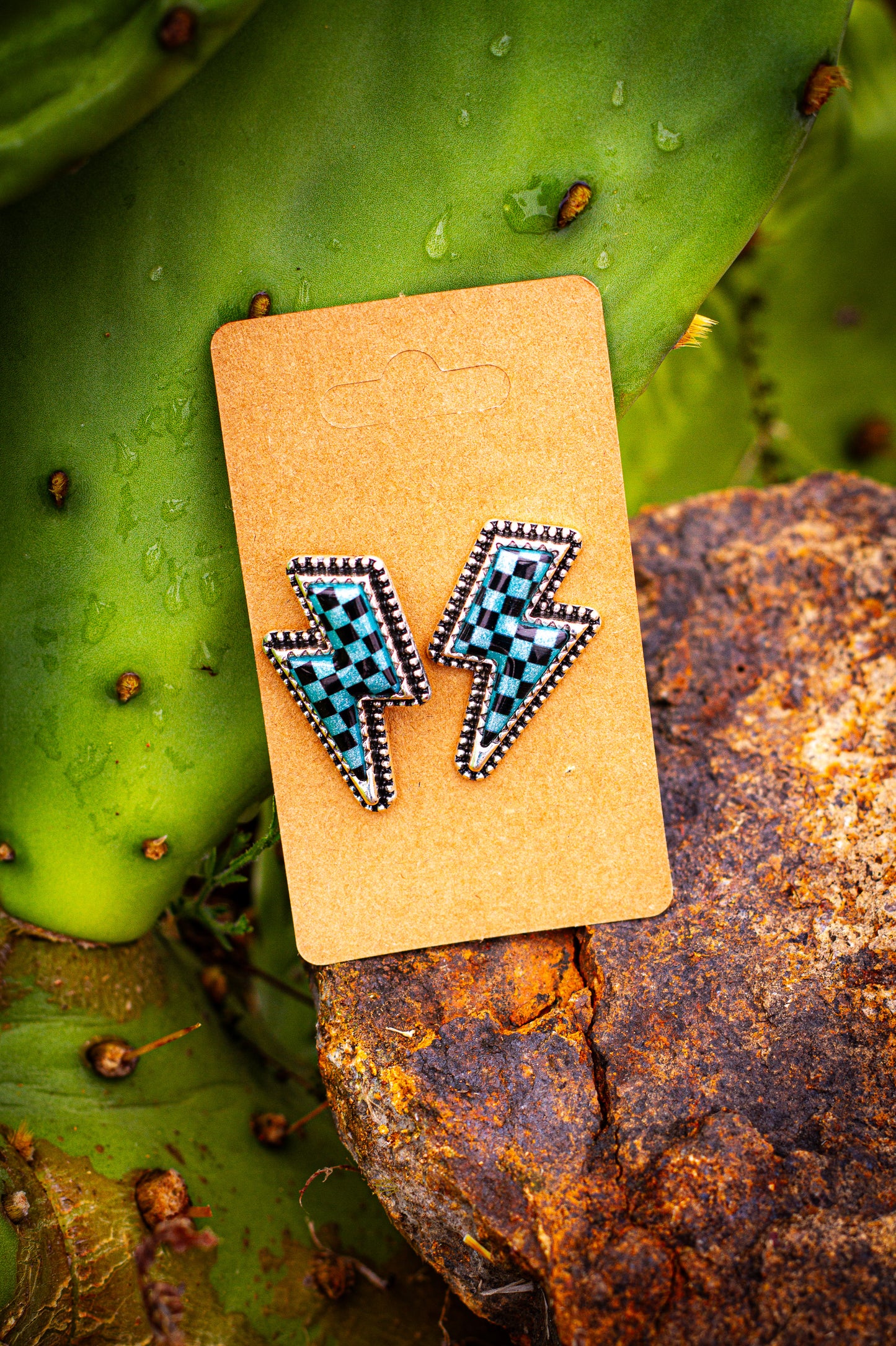 turquoise Lightening bolt checker earrings 