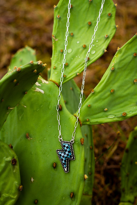 Necklace with a turquoise checker lightening bolt pendant on a cactus leaf