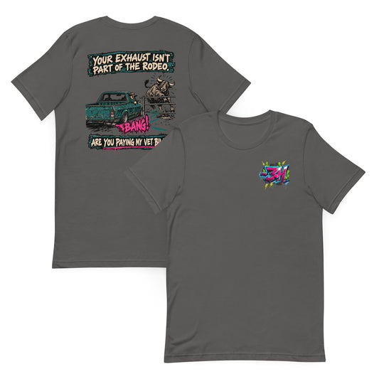 Front and back of the bar3H Asphalt t-shirt with a small chest logo and “Your exhaust isn’t part of the rodeo” ute and bull back print.