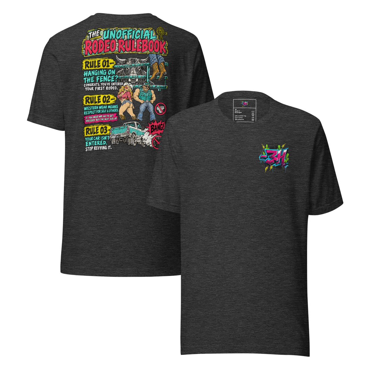Front and back of the bar3H Dark Grey Heather t-shirt, showing a small chest logo and colourful Unofficial Rodeo Rulebook back print.