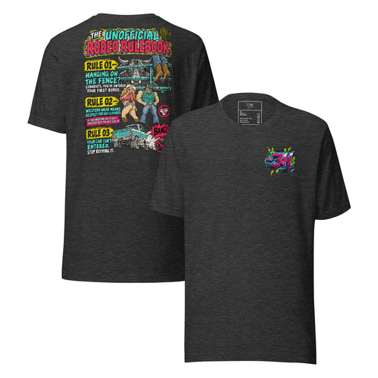 Front and back of the bar3H Dark Grey Heather t-shirt, showing a small chest logo and colourful Unofficial Rodeo Rulebook back print.