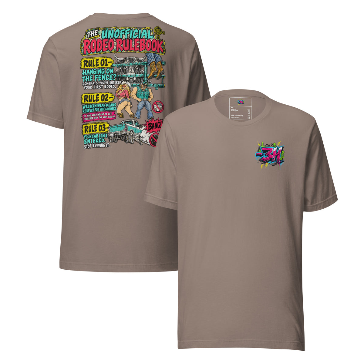 Front and back of the bar3H Pebble t-shirt, showing a small chest logo and colourful Unofficial Rodeo Rulebook back print.