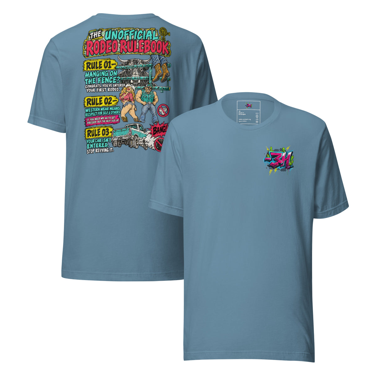 Front and back of the bar3H Steel Blue t-shirt, showing a small chest logo and colourful Unofficial Rodeo Rulebook back print.